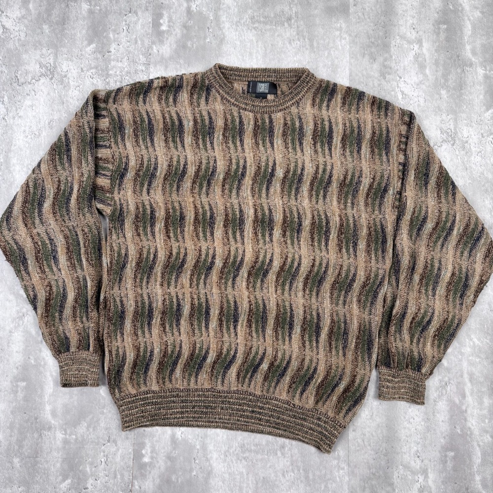 Vintage TSR Sweater Mens Medium Tan 3D Knit Chunky Grandpacore Pullover 90s